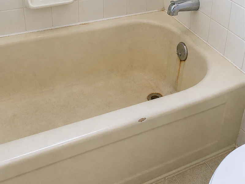 Stained almond cast-iron bathtub in a Glenmoor home before reglazing, Fremont