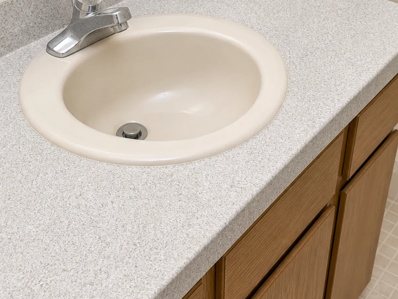 Same Sundale vanity countertop refinished in a neutral stone-look finish after refinishing, Fremont