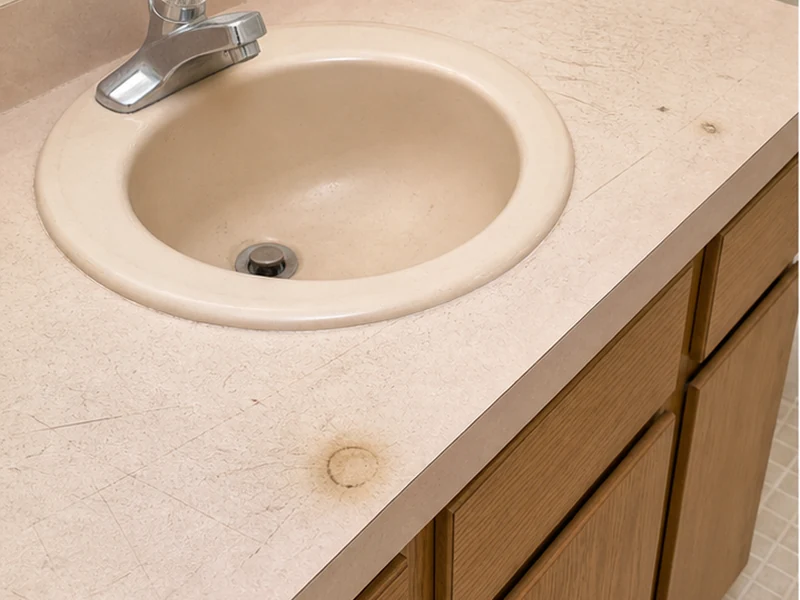 Worn 1980s mauve laminate vanity countertop in a Sundale home before refinishing, Fremont