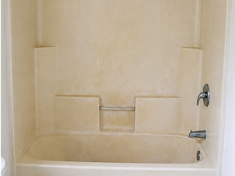 Faded, crazed fiberglass tub-shower combo with chalky yellowed gelcoat in a Centerville apartment before refinishing, Fremont