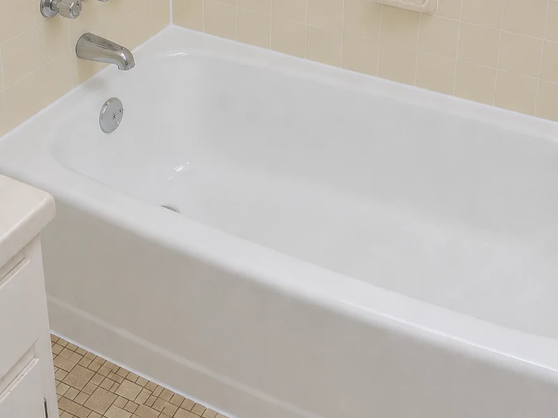 Same cast-iron tub reglazed to factory-smooth glossy white with repaired rim in a Glenmoor home, Fremont