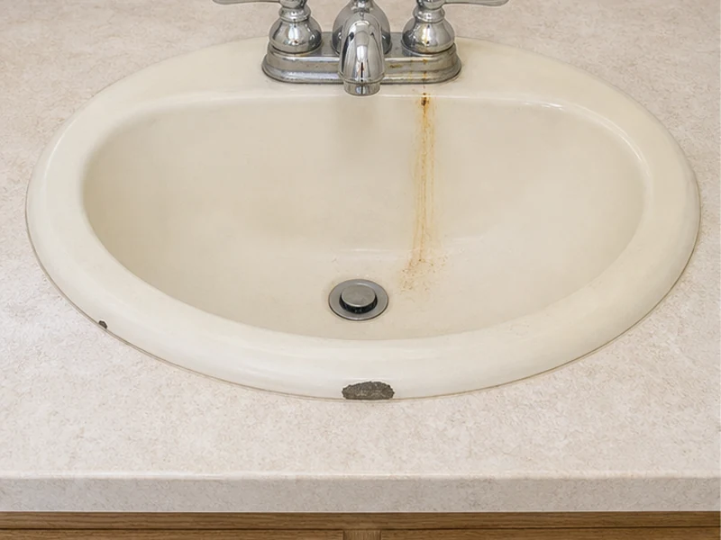 Chipped bone-colored porcelain sink with faucet rust stain in an Irvington home before reglazing, Fremont
